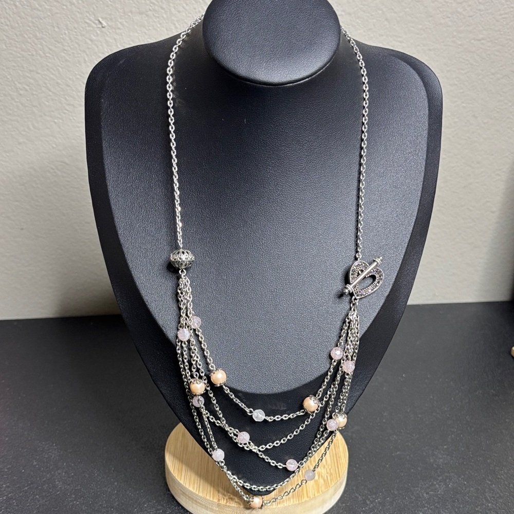Beaded Faux Pearl Multichain Heart Toggle Marcasite Necklace